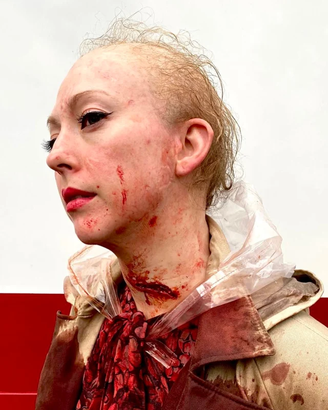 ❗️Prosthetic Make-up❗️
•
„Cuckoo“ 2022
Currently playing in theaters!
•
@cuckoomovieofficial 
@neonrated 
@fiction_park 
•
Beside the silicone bald cap for the character Hooded Woman played by the amazing and wonderful @kalinmorrow 
we also created a full silicone wrap around neck piece for her that was applied at the same time with the bald cap. 
The appliance was rigged with blood tubings and was heavily bleeding on command after she got stabbed (picture 2)
•
Make up effects design by 
@twilightcreations 
Tamar Aviv & Jörn Seifert
Sculpted @lazerliz_arts 
Mold making @teptec_daniel.ritt 
Silicone running Kerstin Buss and @lalax_ro 
Prepainted @julietteruetz 
On set prosthetic supervisor and blood fx 
Tamar Aviv
Beautifully applied by @julietteruetz and @julianhutcheson 
Thank you to Make-up and Hair designers @astrid_weber77 and @hannahfischleder for involving us and your support.
Still photographers on set 
@felix.aaa 
@mmonicalek
•
Thanks to our entire crew for their hard work to get these effects done and make them look so well ! 🙏🏼
• 
@weltkinofilmverleih 
@hessenfilmundmedien
@filmedienrw 
•
#cuckoomovie #prosthetics #silicone #hoodedwoman #baldcap #realisticart #painting🎨 #thinhairstyles #mouldmaking #sculpting #hyperrealism #creepyeyes #baldgirls #twilightcreations #scarred #setlife🎬 #horrormoviescene 
#specialmakeupeffects #specialeffectmakeup #fxmakeupartist #sfxwounds #sfxgore #fxmakeupart #sfxmua #makeupfx #specialmakeupfx #specialmakeup #mystery